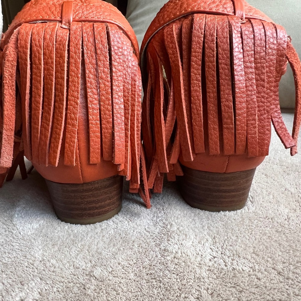 Michael Kors Women 5.5 M Orange Leather Fringe Ankle Wrap Wedge Sandals Boho - Picture 10 of 16